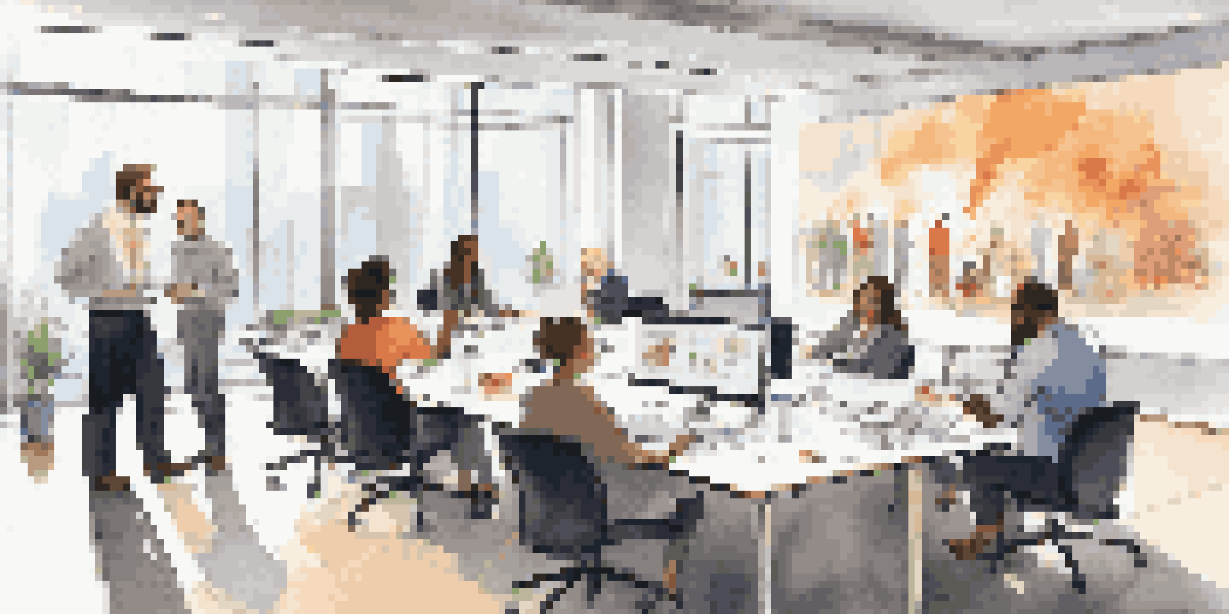 A diverse group of employees engaged in a training session in a bright office, collaborating around a conference table with laptops and a projector display.