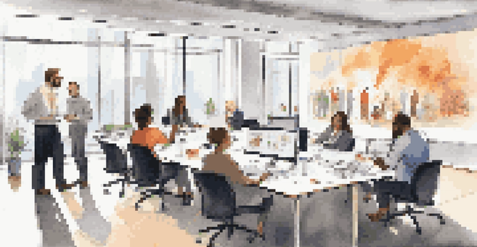A diverse group of employees engaged in a training session in a bright office, collaborating around a conference table with laptops and a projector display.