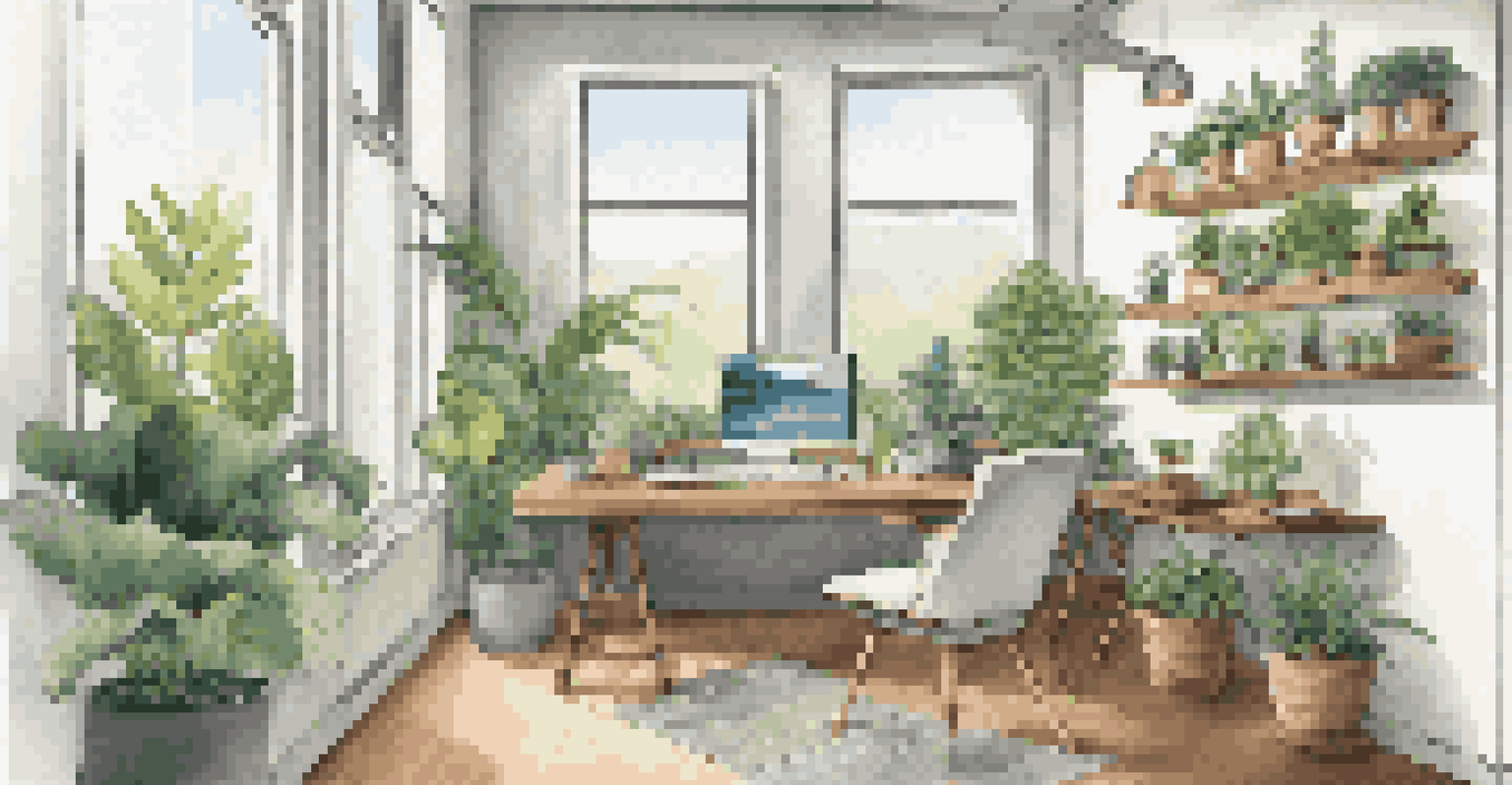 A peaceful workspace with natural elements like plants and a water feature, designed for focused work.