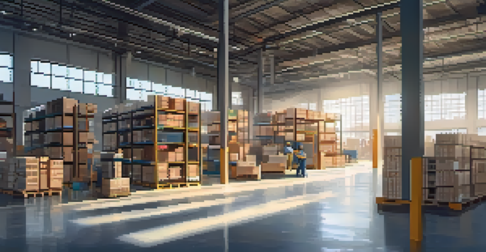 A busy warehouse with workers managing colorful boxes and pallets, illuminated by sunlight.