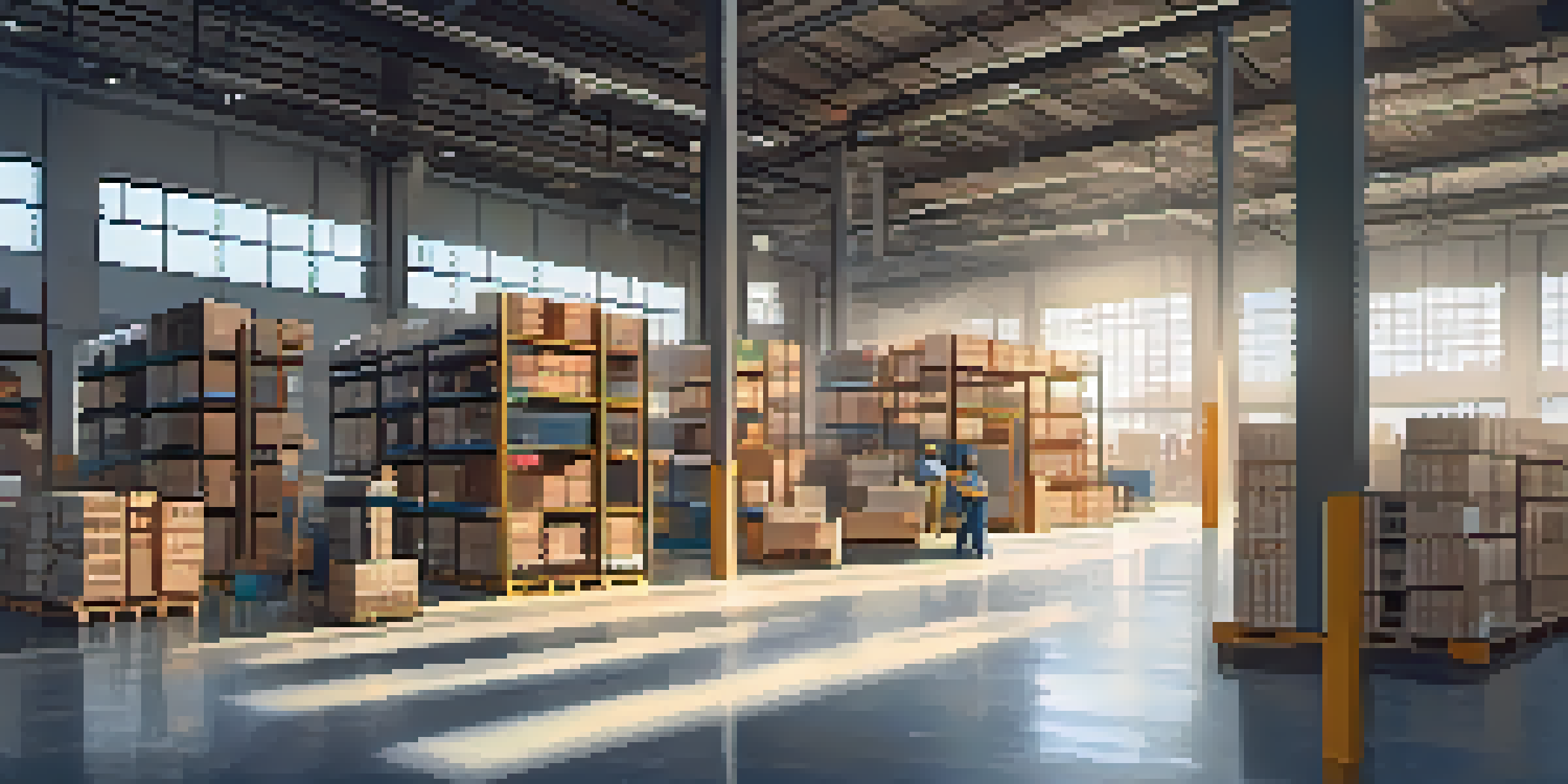 A busy warehouse with workers managing colorful boxes and pallets, illuminated by sunlight.