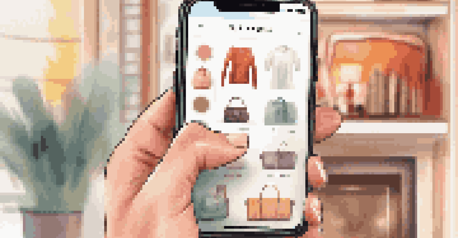 A close-up of a hand holding a smartphone with a personalized shopping app interface.