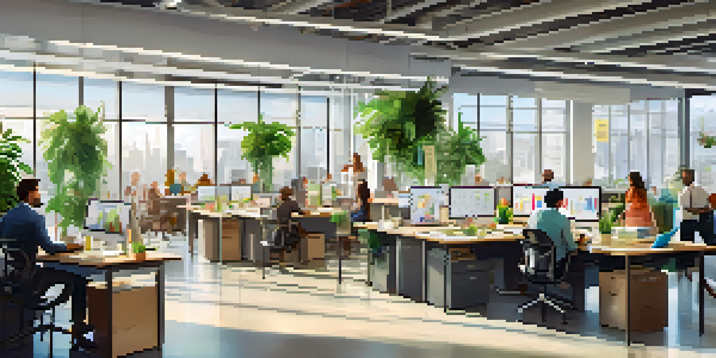 A diverse group of employees collaborating in a bright, modern office with charts and notes on the walls.