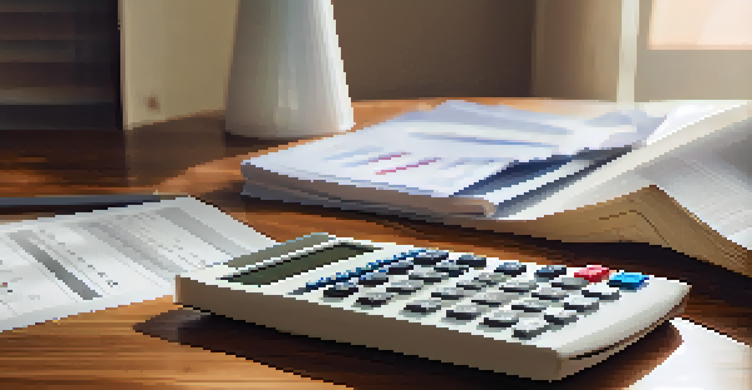 A close-up view of a calculator and financial documents on a wooden desk, with graphs and charts illuminated by soft lamp light.