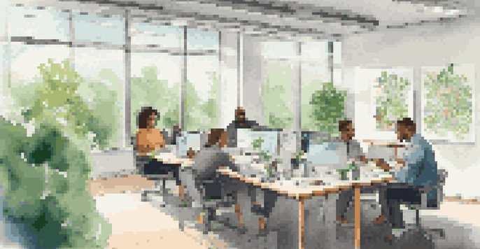 A diverse group of employees in a bright office engaged in a feedback session around a round table, surrounded by plants and motivational posters.