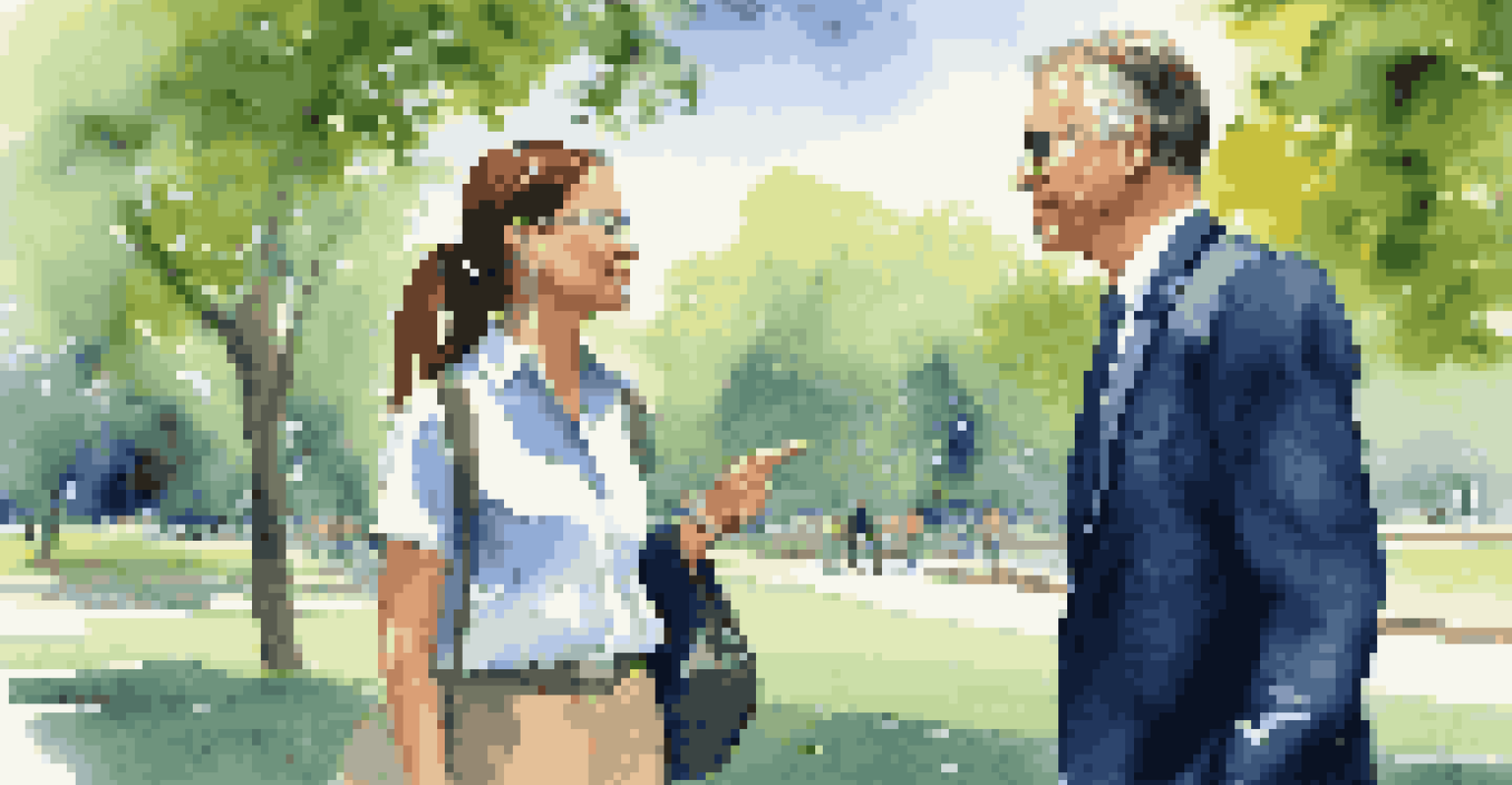 Two business professionals discussing ideas while walking in a park surrounded by greenery.