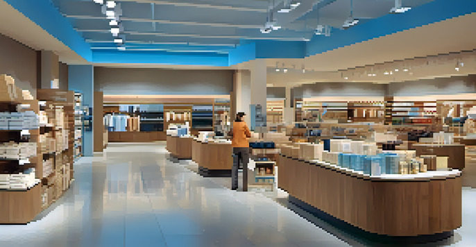 A modern retail store with organized merchandise, diverse customers browsing, and attentive staff in a warm and inviting atmosphere.