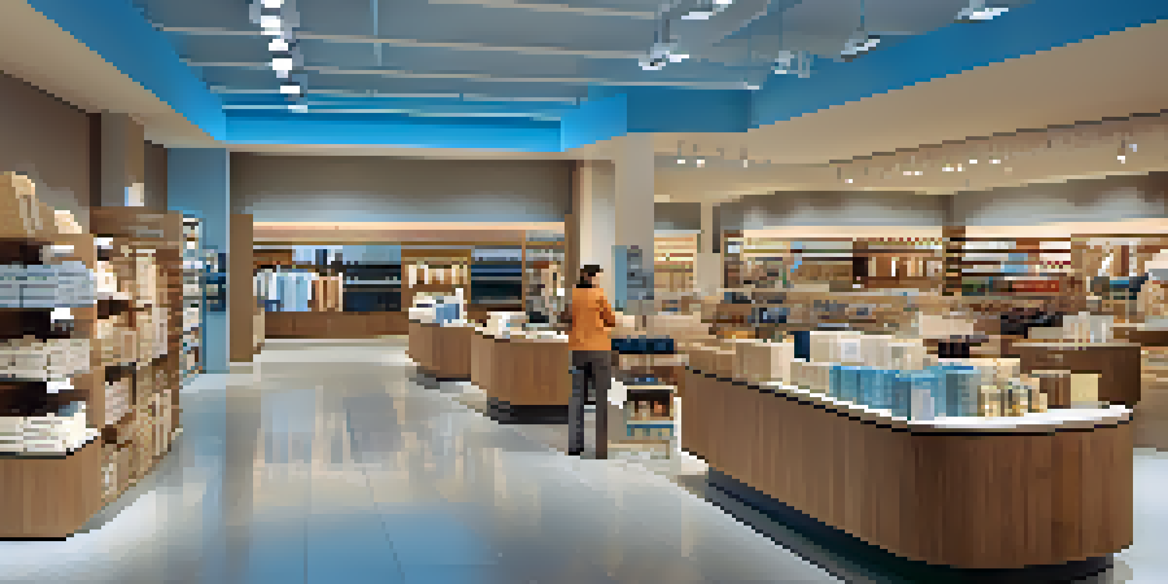 A modern retail store with organized merchandise, diverse customers browsing, and attentive staff in a warm and inviting atmosphere.