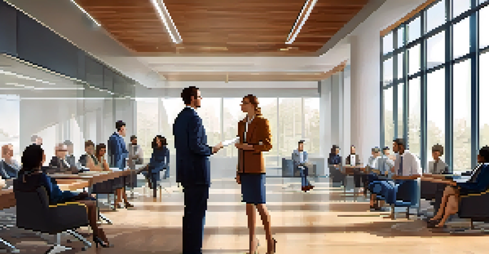 A confident leader conversing with a diverse team in a well-lit modern office, showing positive interaction and engagement.