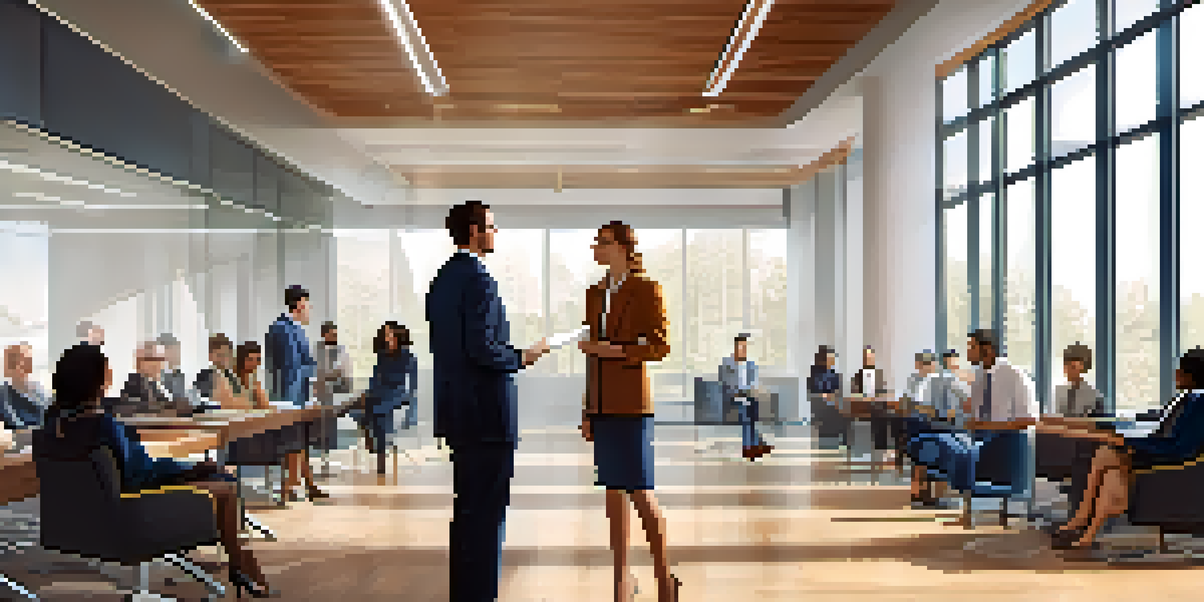 A confident leader conversing with a diverse team in a well-lit modern office, showing positive interaction and engagement.