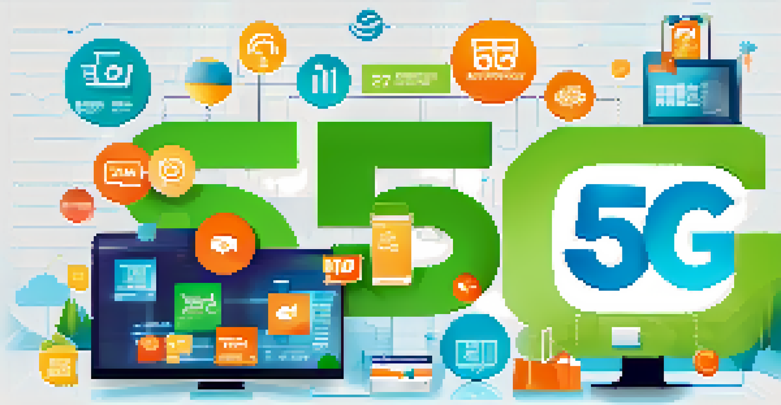 An infographic illustrating the benefits of 5G technology for e-commerce, with colorful icons and a gradient background.