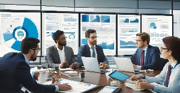 A diverse group of professionals discussing crisis management strategies in a modern conference room, with screens displaying social media data and analytics.
