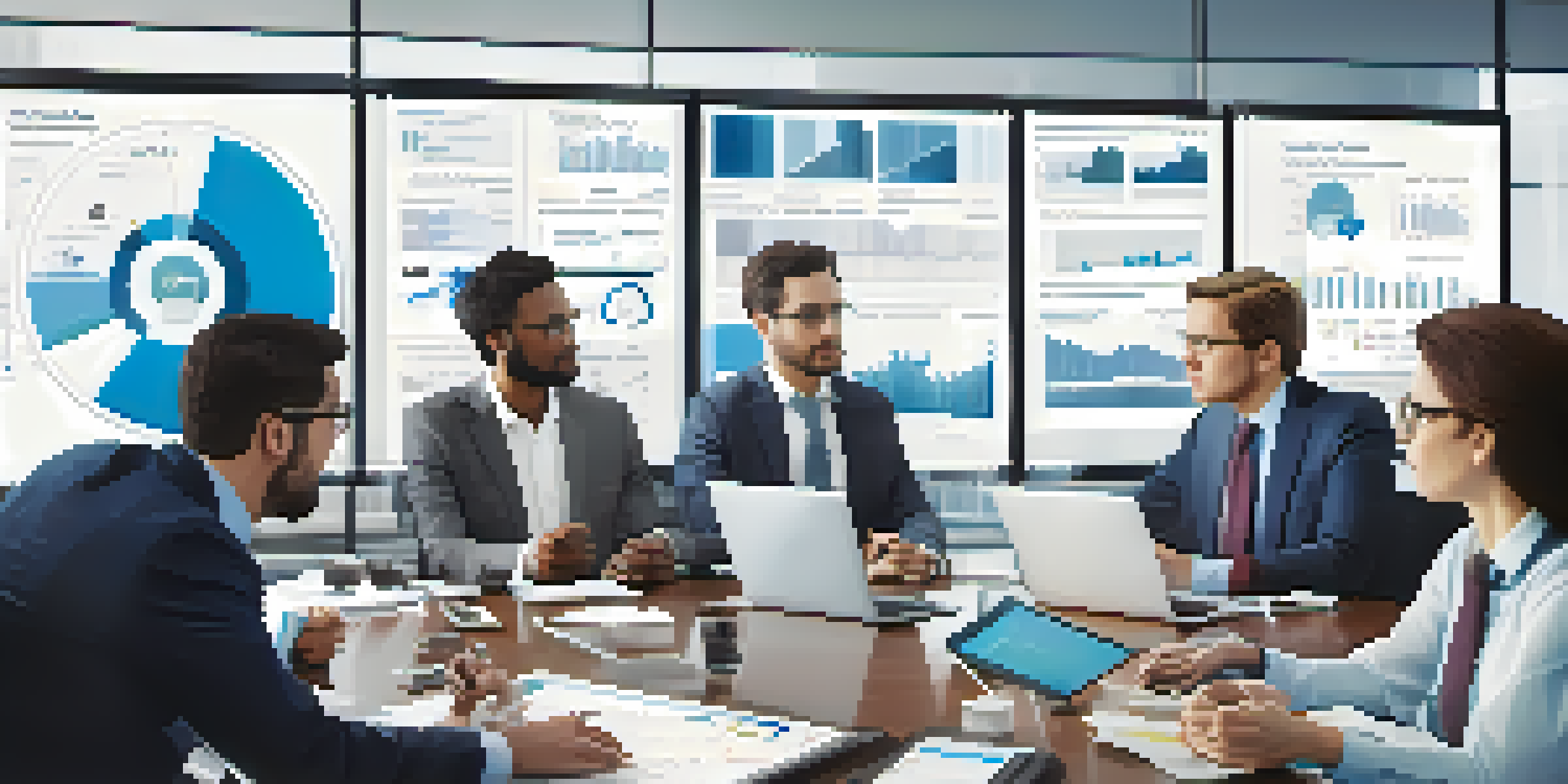A diverse group of professionals discussing crisis management strategies in a modern conference room, with screens displaying social media data and analytics.