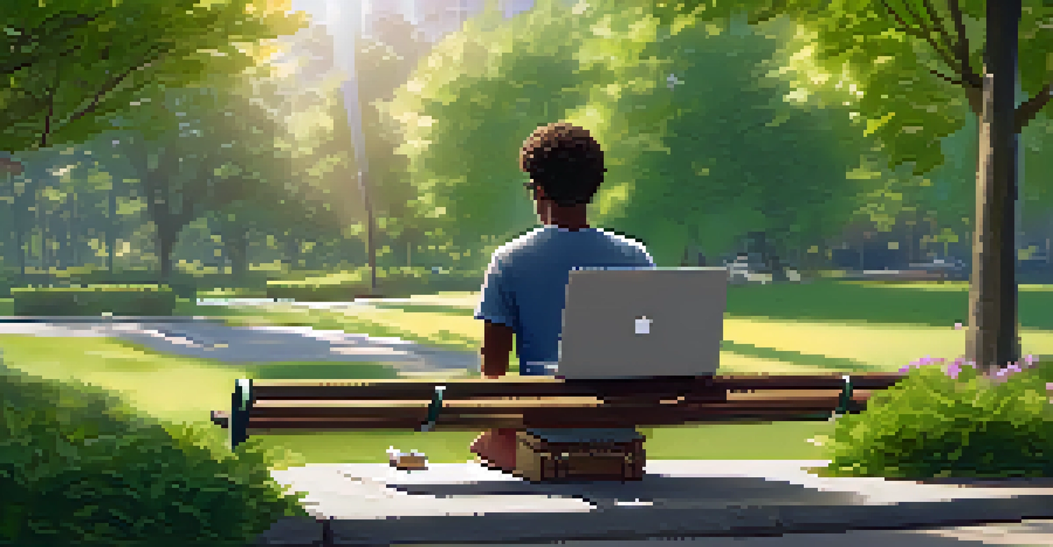 A person reviewing their budget on a laptop while sitting on a park bench surrounded by greenery.