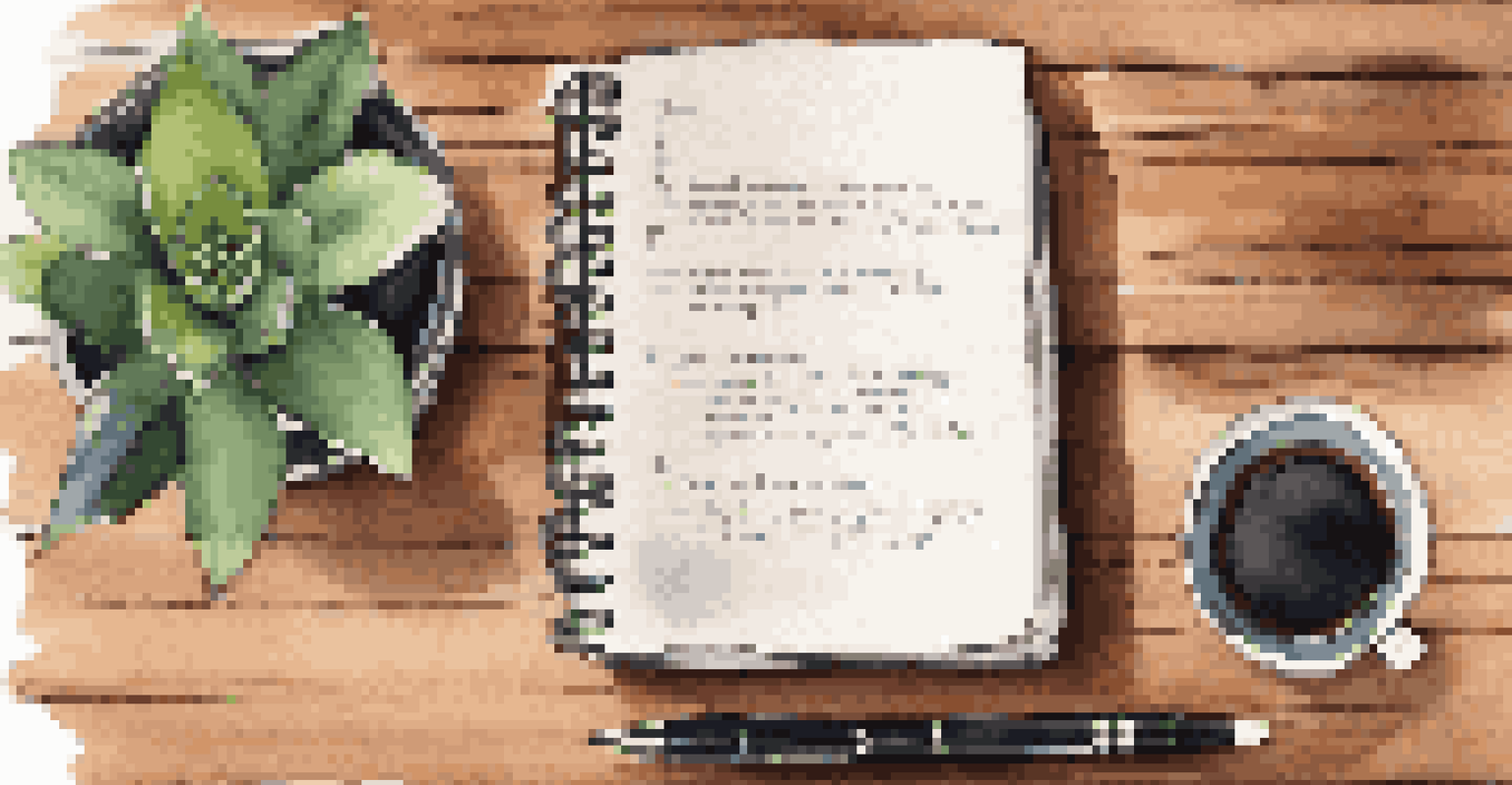 An open notebook with handwritten notes about negotiation strategies on a wooden table, alongside a cup of coffee and a small plant.