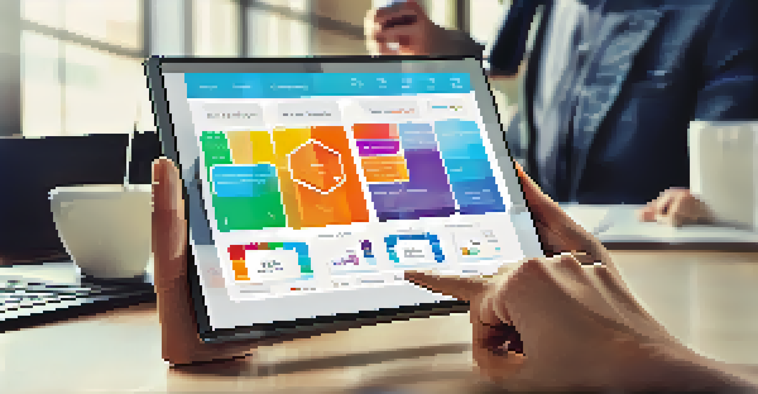 A hand using a touchscreen tablet displaying a CRM interface with graphs and buttons, set against a blurred office background.