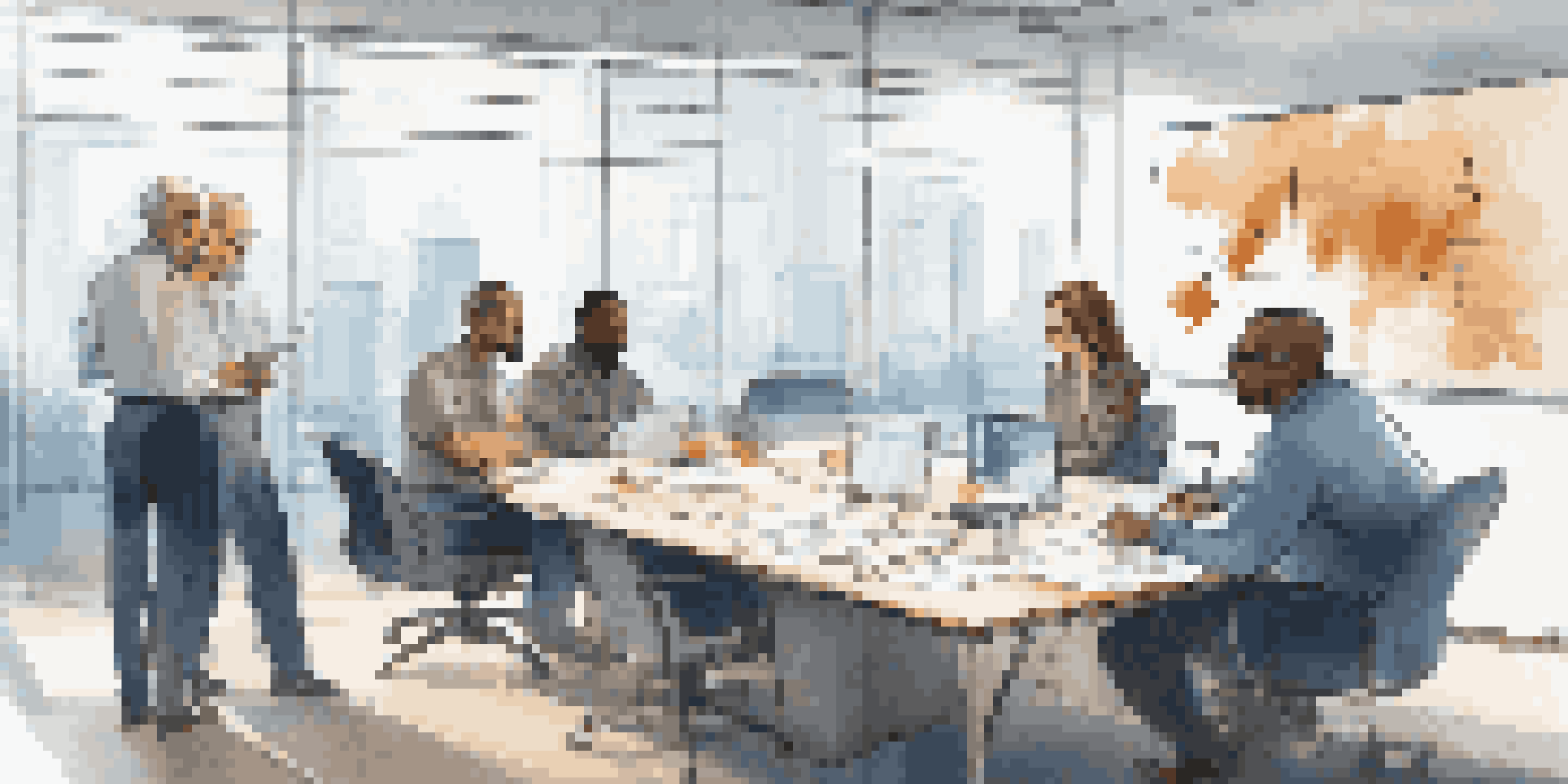 A diverse group of professionals discussing data analysis in a well-lit conference room with charts on the screen.
