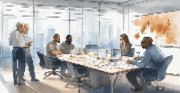 A diverse group of professionals discussing data analysis in a well-lit conference room with charts on the screen.