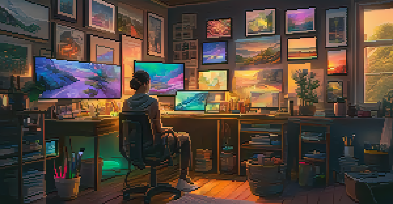 A digital artist at their desk surrounded by screens displaying vivid artwork and creative tools.