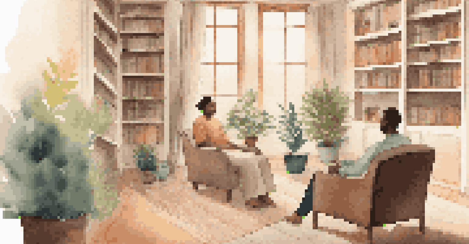 A mental health session in a cozy room with a therapist and patient in comfortable chairs.