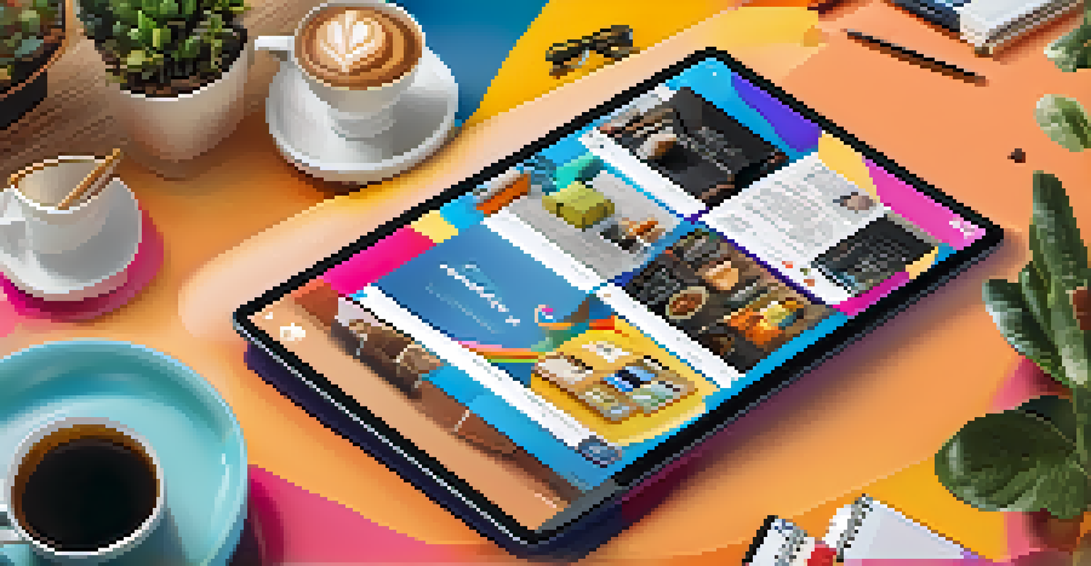 A tablet displaying a lively social media feed with product ads and user engagement, set in a stylish workspace.