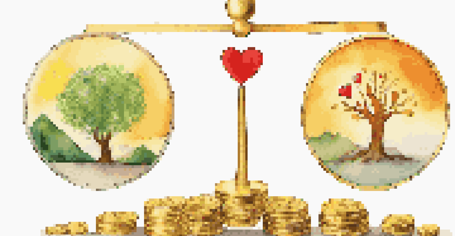 An infographic showing the balance of financial returns and social impact with scales, coins, and community symbols.