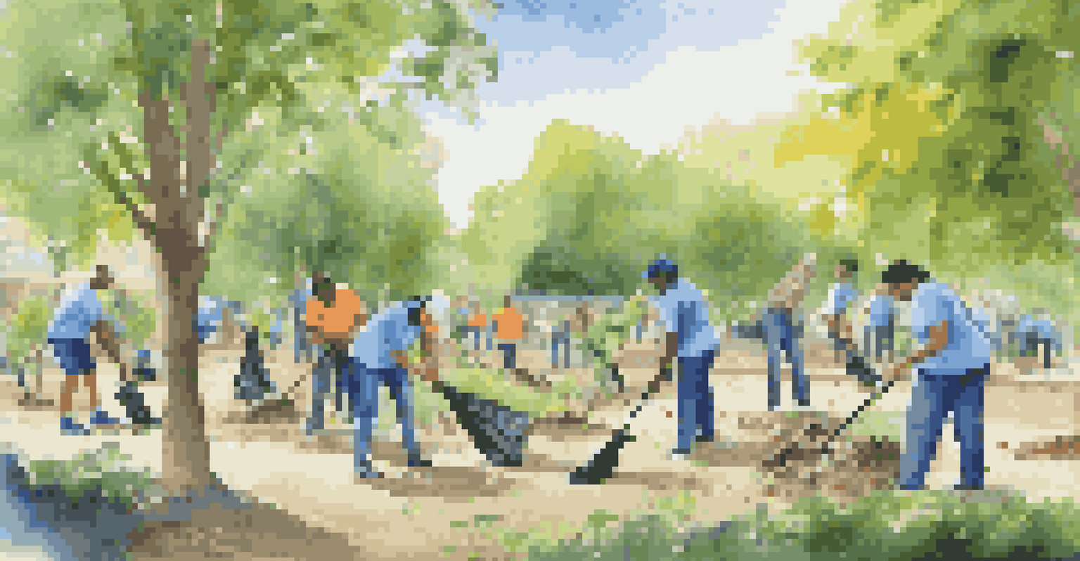 Employees in branded shirts participating in a community clean-up in a park, surrounded by trees and a clear blue sky.