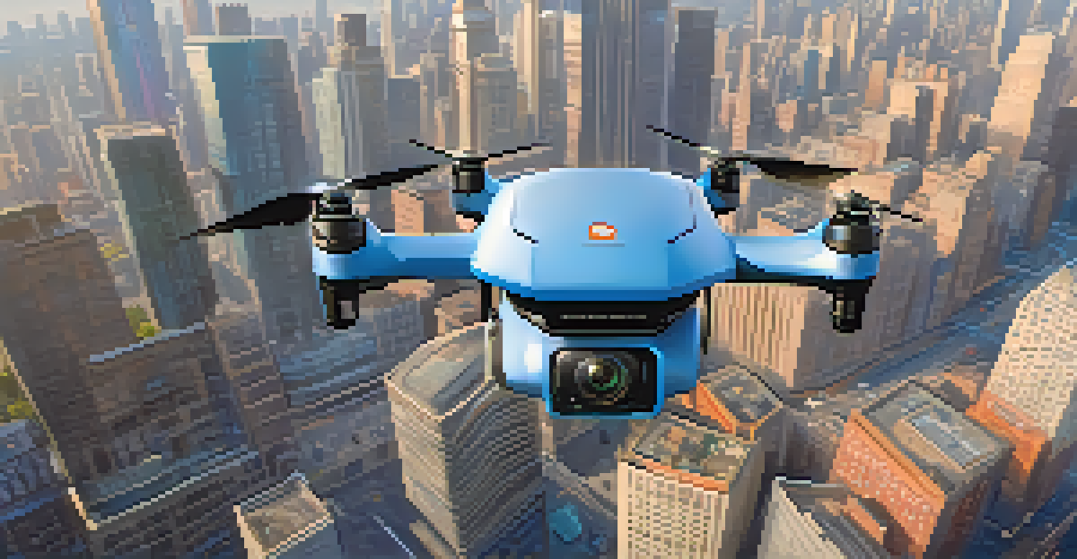 A delivery drone flying over a busy city with skyscrapers and streets below, carrying a package.