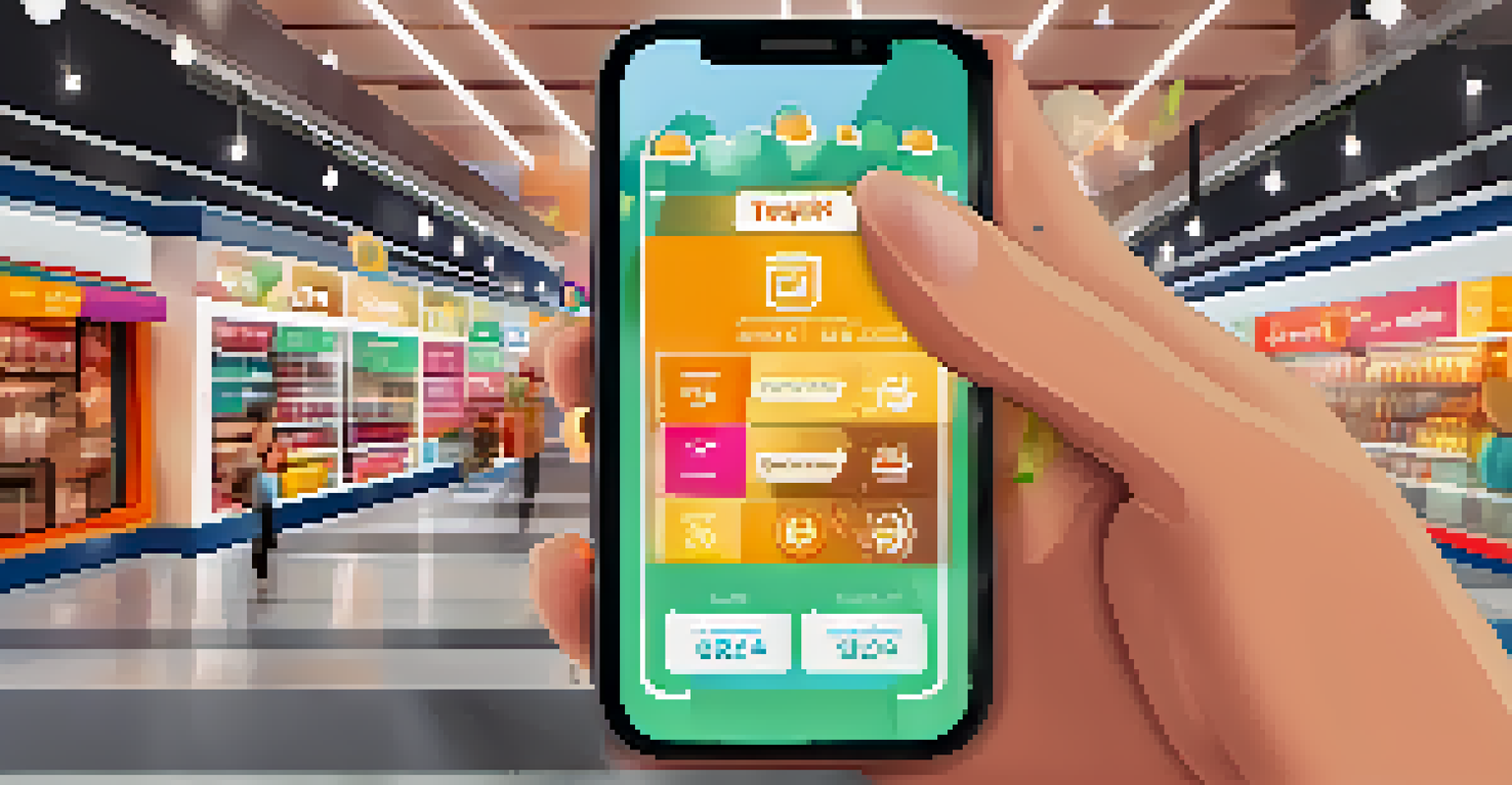 A smartphone displaying a gamified loyalty program with challenges and rewards in a lively shopping environment.