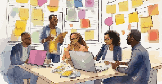A diverse group of individuals brainstorming with colorful sticky notes and laptops in a well-lit environment.