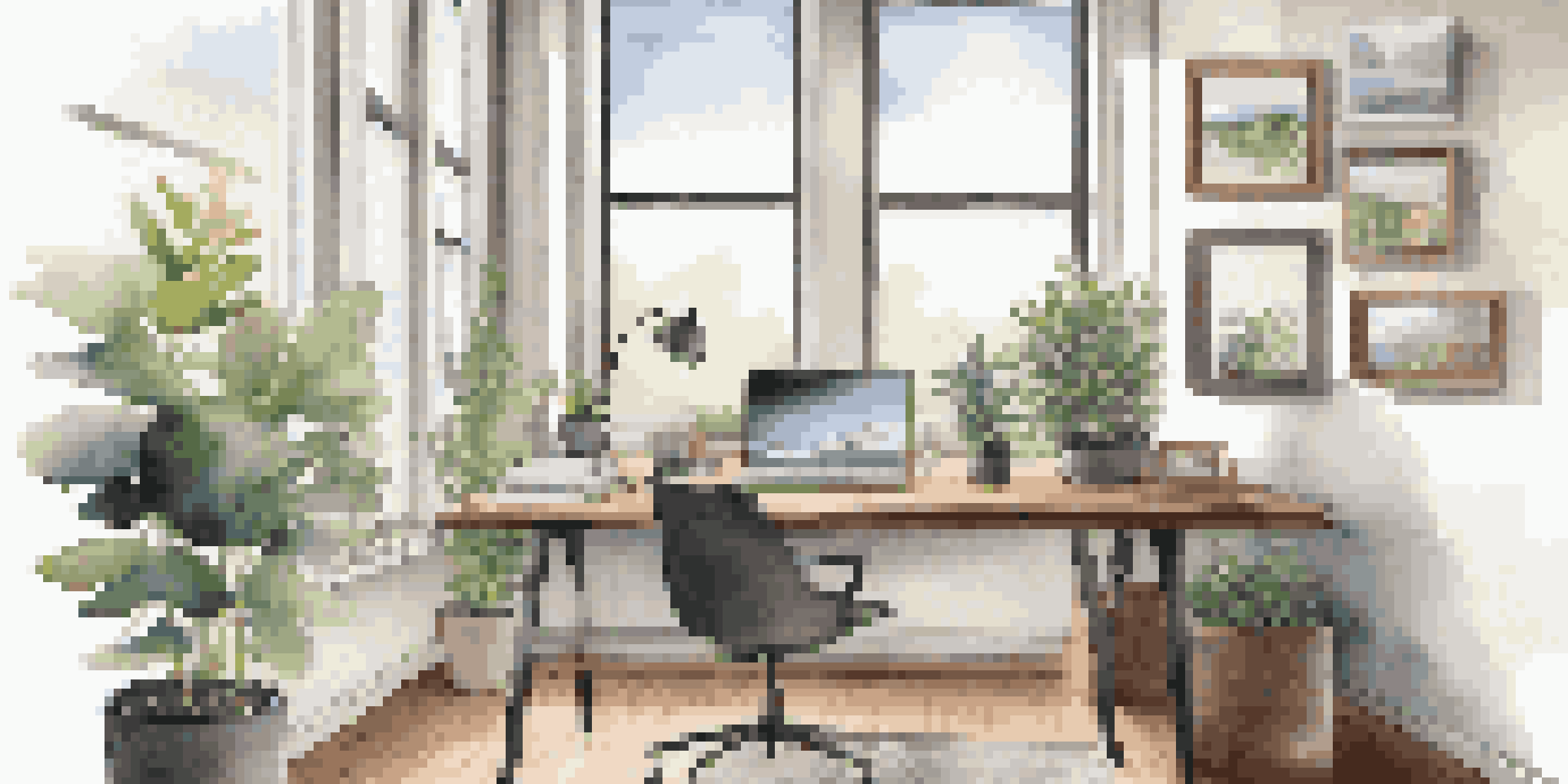 A bright and modern office with a desk, laptop, and motivational quotes on the walls, filled with natural light.