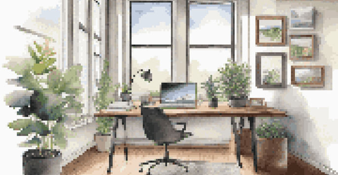 A bright and modern office with a desk, laptop, and motivational quotes on the walls, filled with natural light.
