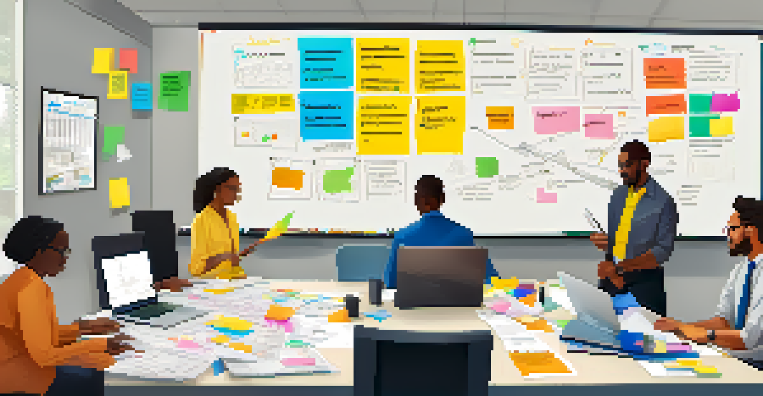 A group of employees collaborating on a waste audit, with charts and sticky notes on a table in a modern office.