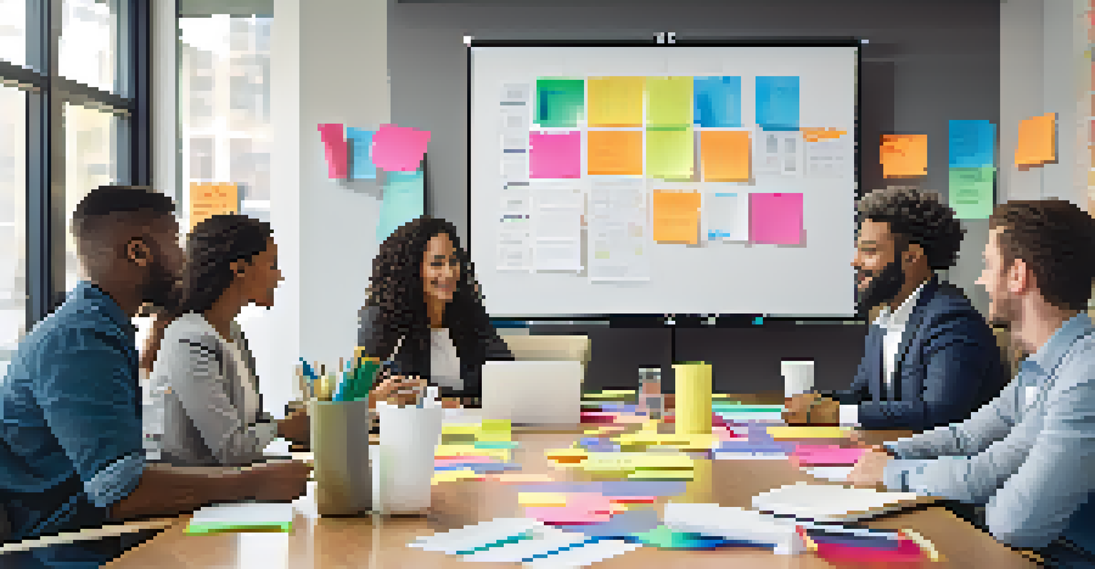 A diverse team of employees actively brainstorming around a conference table in a bright meeting room, with notes and ideas on a whiteboard.