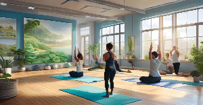 A diverse group of employees participating in a yoga class in a bright, plant-filled office space.