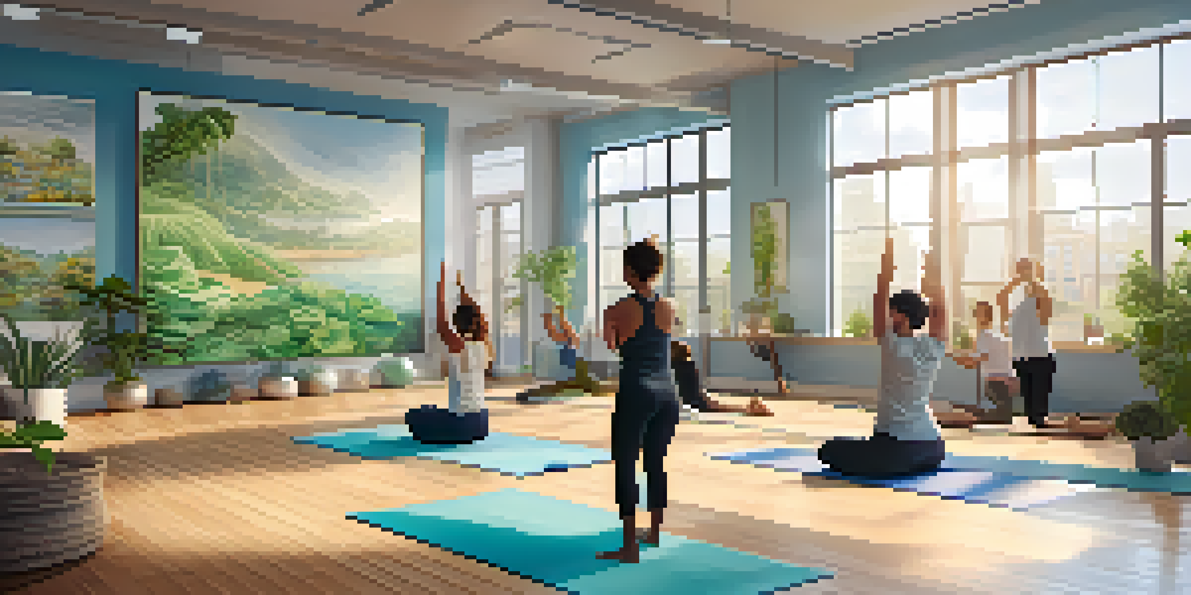A diverse group of employees participating in a yoga class in a bright, plant-filled office space.