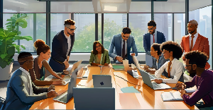 A diverse group of employees engaged in a collaborative meeting in a modern office.