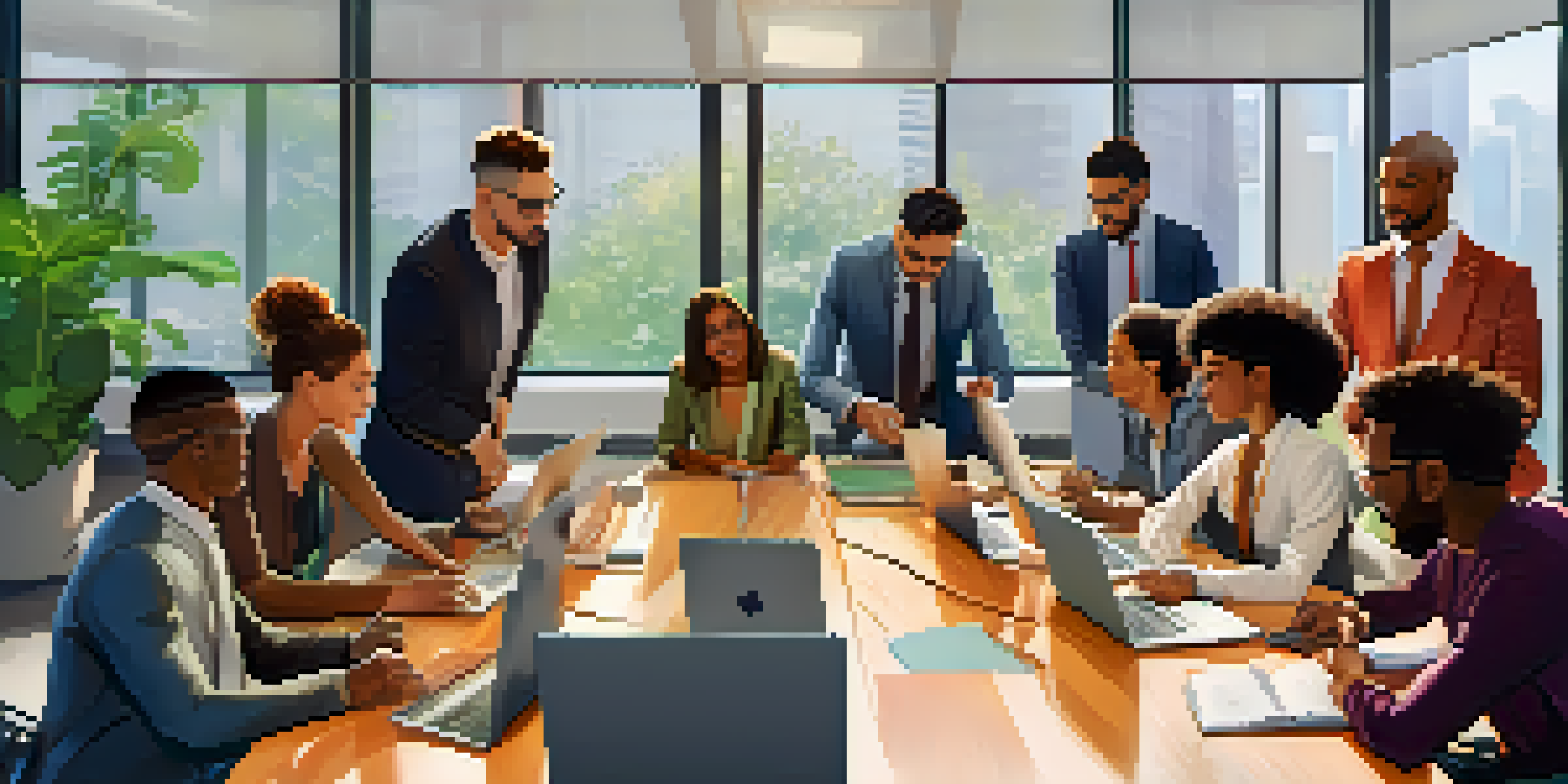 A diverse group of employees engaged in a collaborative meeting in a modern office.