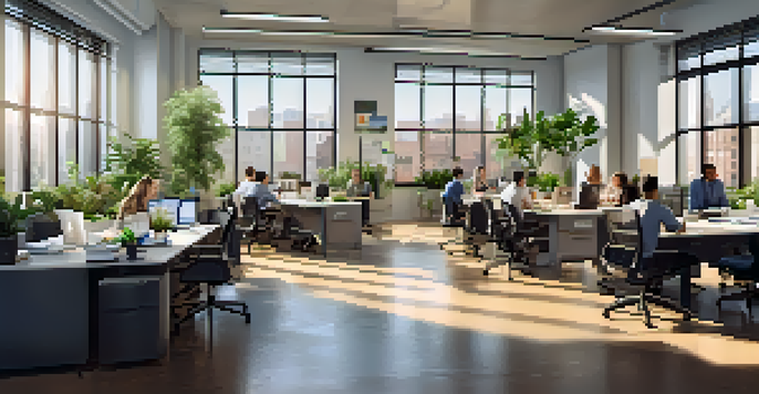 A diverse team of professionals working together in an office to create a business continuity plan, surrounded by laptops and documents with natural light coming through the windows.