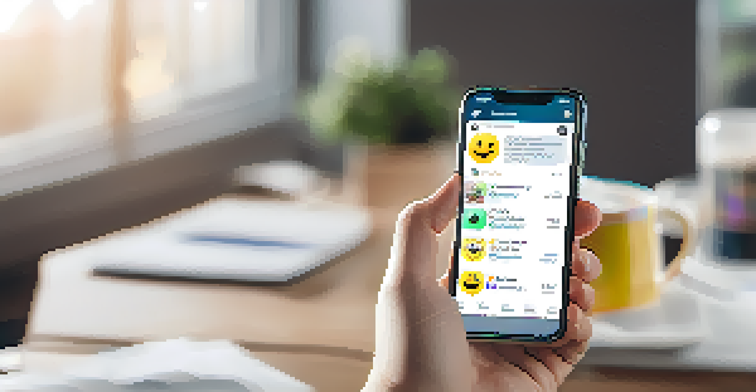 A hand holding a smartphone with messages of appreciation and emojis in a bright workspace.