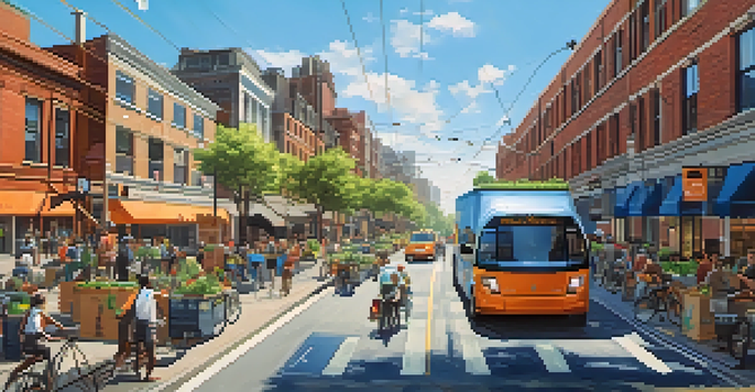 A vibrant urban street showcasing sustainable practices with electric vehicles and solar panels.