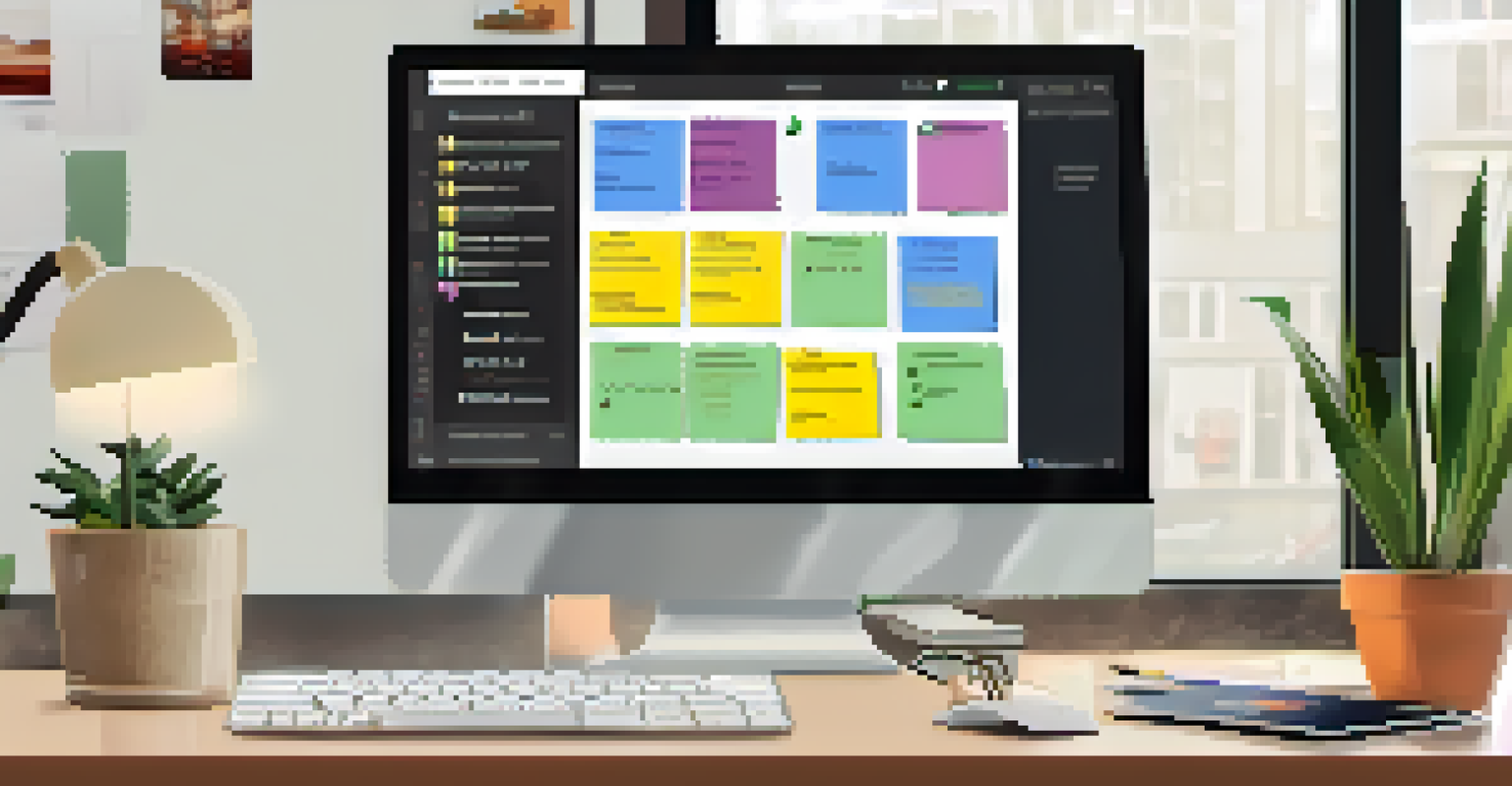 A close-up of a Kanban board on a computer screen showing colorful task cards, with a notebook and coffee cup beside it.