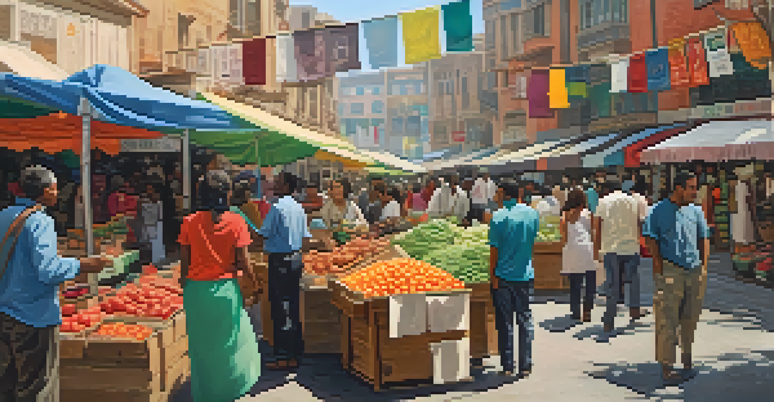 Diverse individuals shopping at a vibrant local market with stalls showcasing ethical products and sustainability banners.
