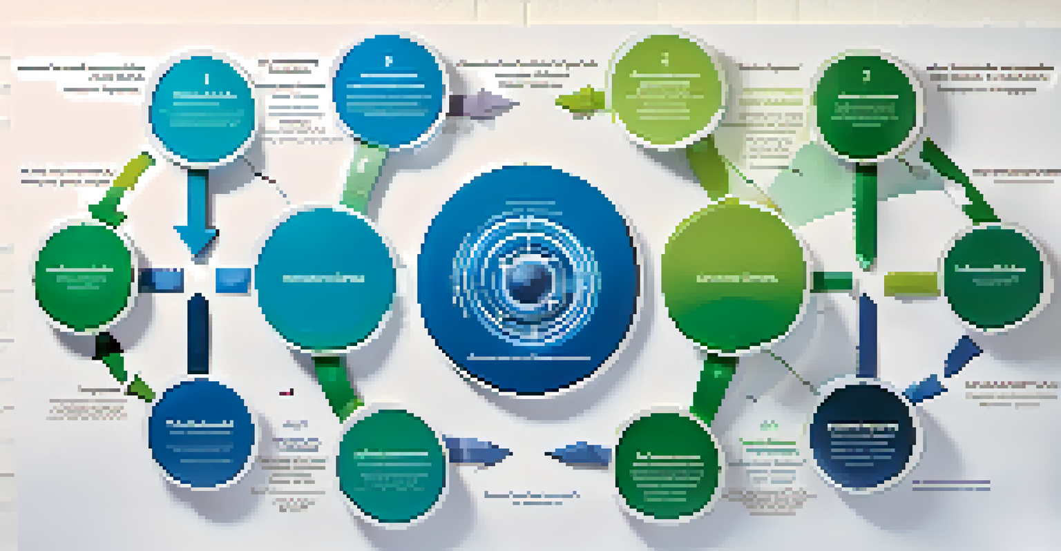 An abstract circular flow diagram representing continuous improvement in Agile practices, with a gradient background of blues and greens.