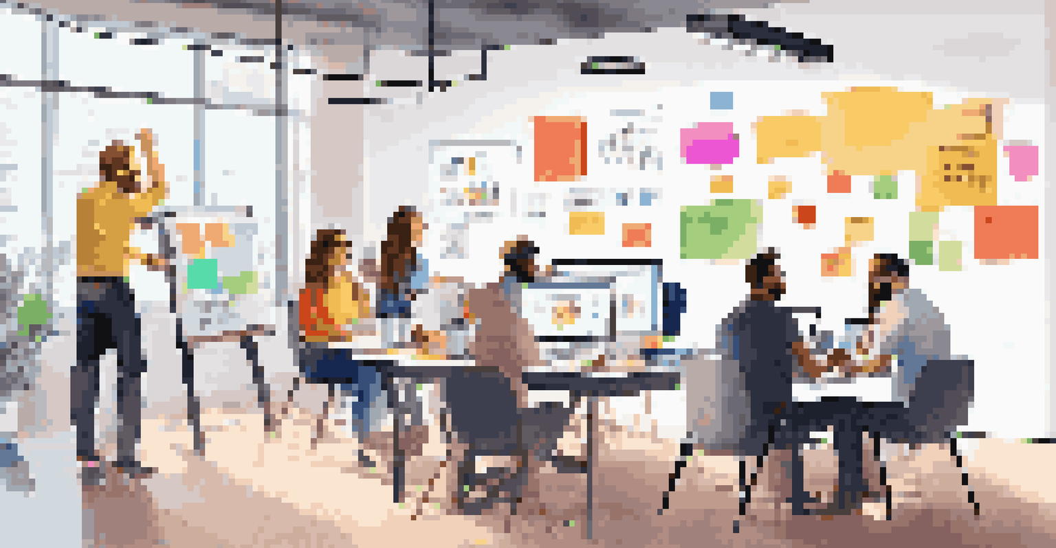 A digital marketing workspace with a team brainstorming ideas on a whiteboard, surrounded by colorful sticky notes and laptops.