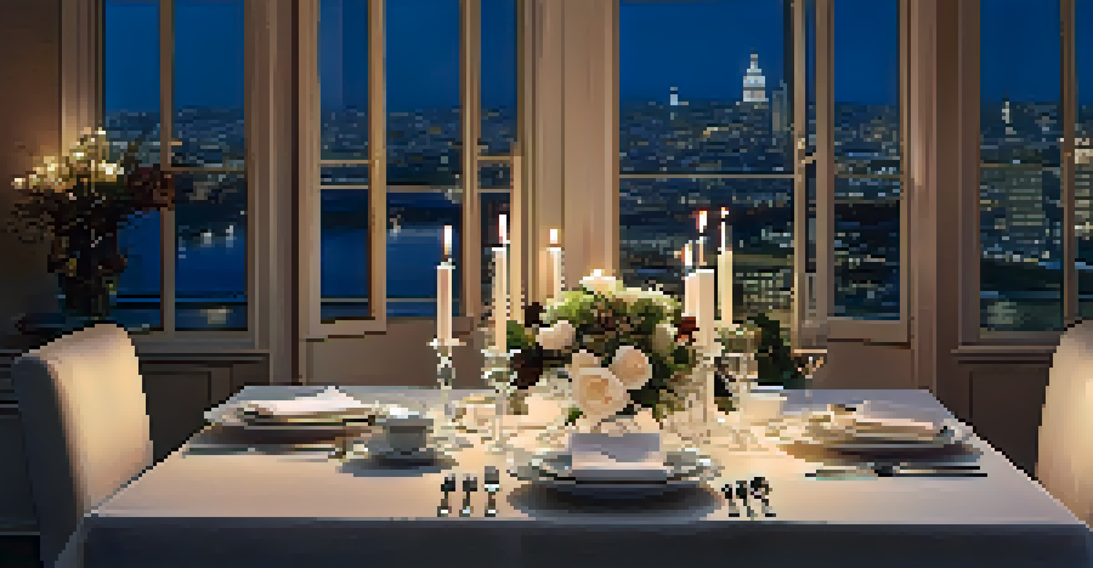 A romantic dinner setup with a candlelit table and a blurred cityscape in the background.