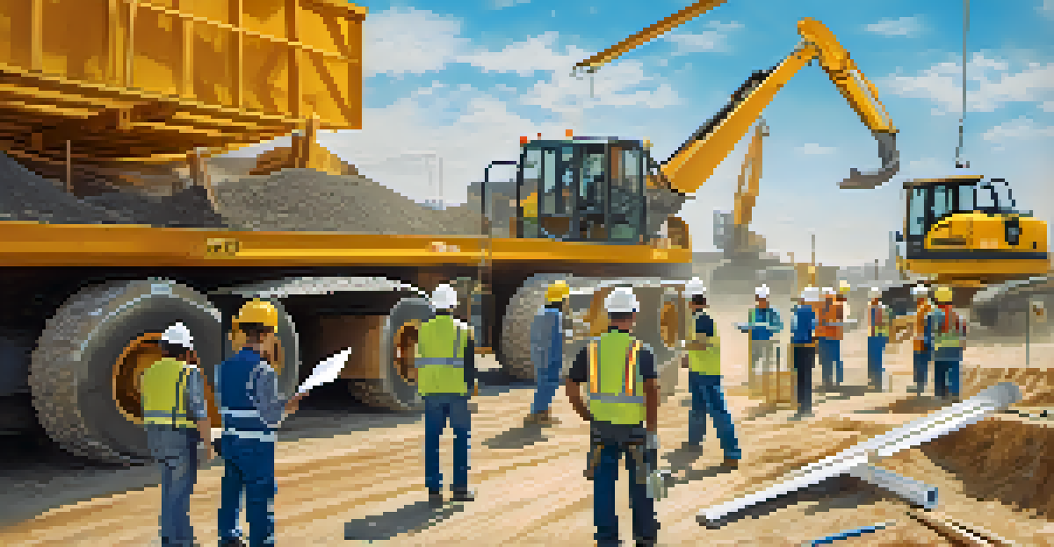An outdoor construction site with workers discussing plans and materials, showcasing teamwork and proactive risk management under a clear blue sky.