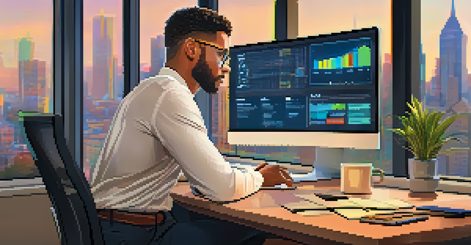 A sales representative analyzing data on a CRM software interface at a desk with a city skyline view.