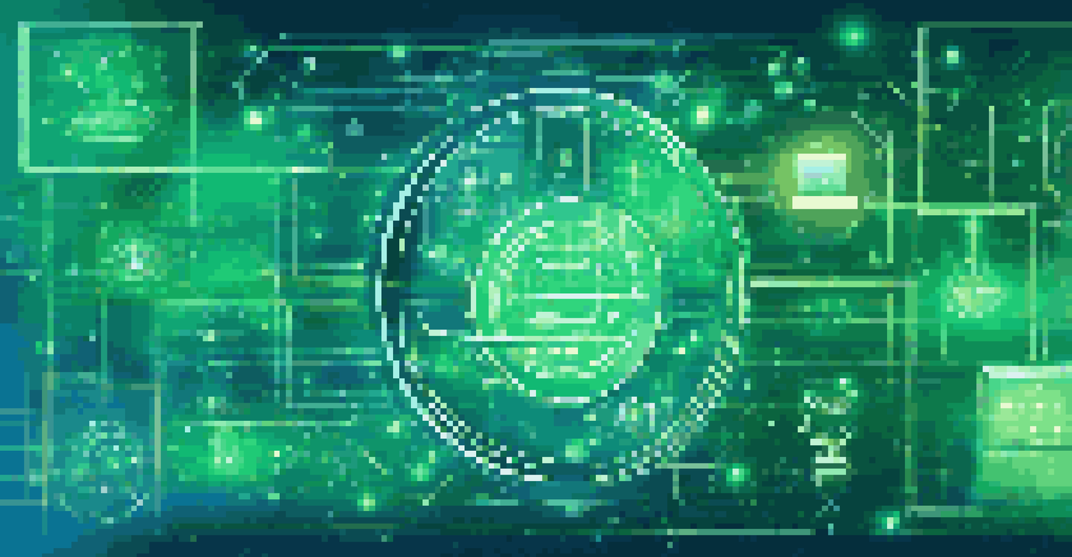 Abstract illustration of intellectual property concepts with icons and a digital interface in blue and green colors.