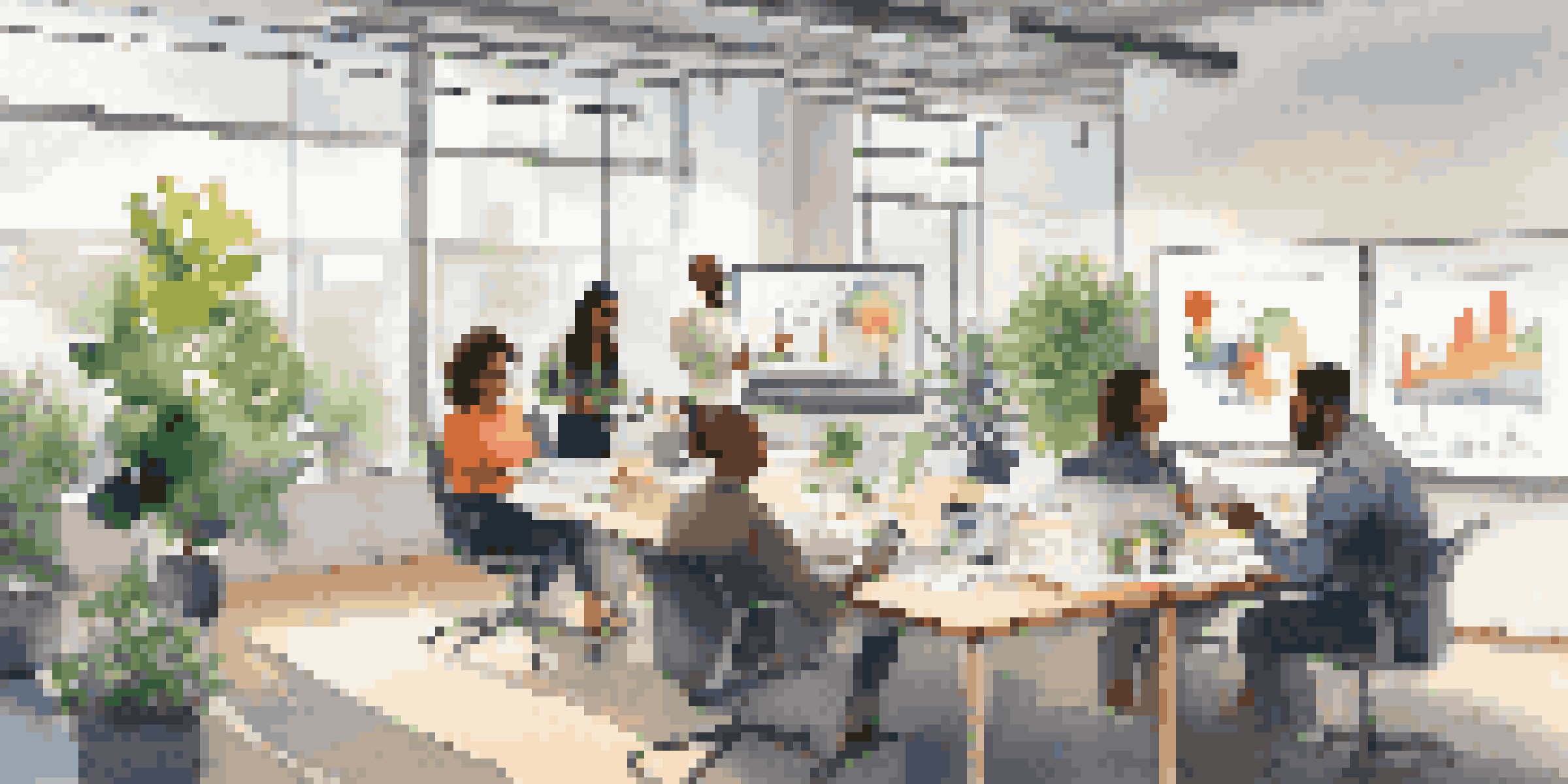 A diverse group of employees collaborating in a bright office, with a whiteboard and plants in the background.